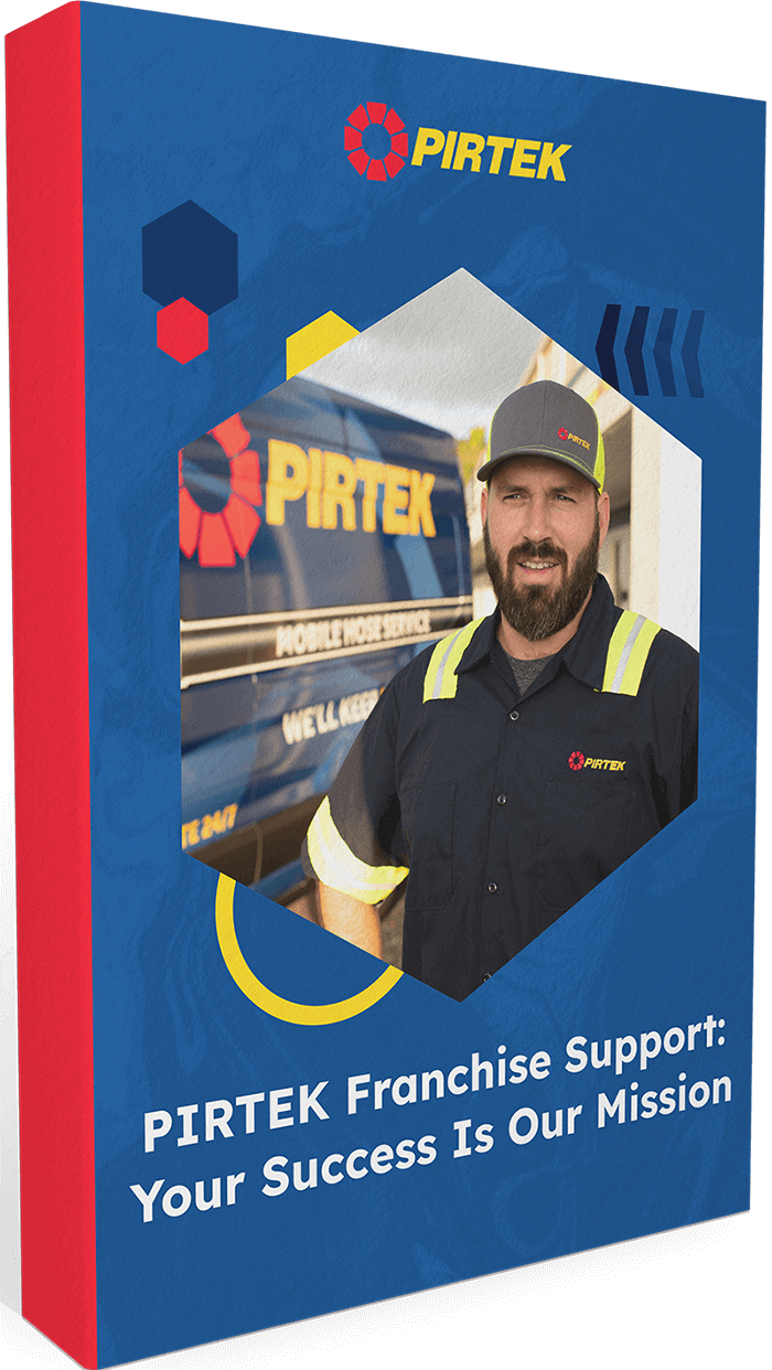 Man in a PIRTEK uniform stands in front of a PIRTEK van, featured on promotional material with the text "PIRTEK Franchise Support: Your Success Is Our Mission. Man in a PIRTEK uniform stands in front of a PIRTEK van, featured on promotional material with the text "PIRTEK Franchise Support: Your Success Is Our Mission.