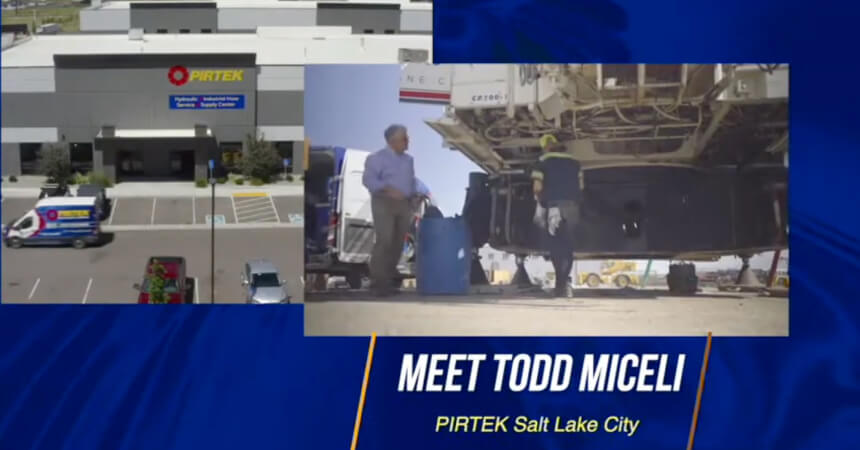 Split image: Exterior of a PIRTEK building with a service van, showcasing the Hydraulic and Industrial Hose Service Franchise. A man and a technician work under large machinery. Text: "Meet Todd Miceli, PIRTEK Salt Lake City.